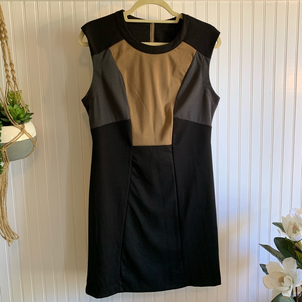 Color Block Sheath Black Brown Gray Dress sz L